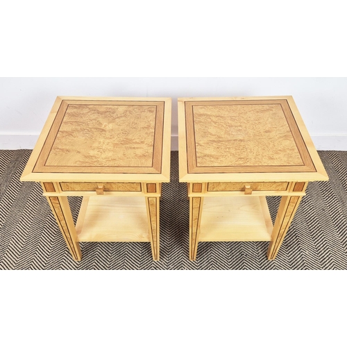 527 - LINLEY SIDE TABLES, a pair, with frieze drawer, each 50cm x 50cm x 61cm H, stamped Linley. (2)