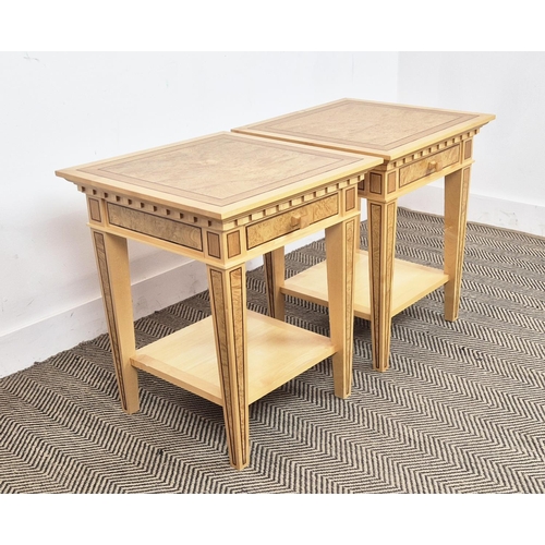 527 - LINLEY SIDE TABLES, a pair, with frieze drawer, each 50cm x 50cm x 61cm H, stamped Linley. (2)