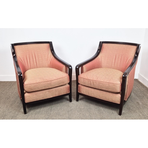 539 - ARMCHAIRS, a pair, in a patterned peach fabric with showframes, each 72cm W. (2)