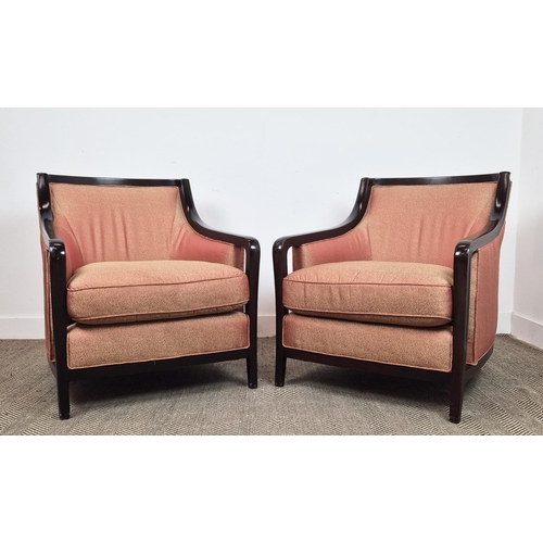 539 - ARMCHAIRS, a pair, in a patterned peach fabric with showframes, each 72cm W. (2)