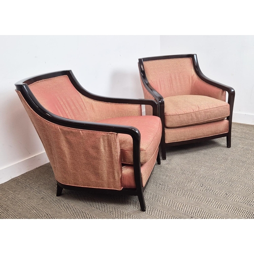 539 - ARMCHAIRS, a pair, in a patterned peach fabric with showframes, each 72cm W. (2)