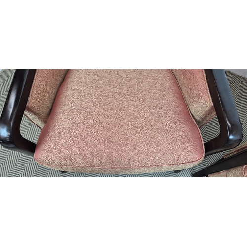 539 - ARMCHAIRS, a pair, in a patterned peach fabric with showframes, each 72cm W. (2)