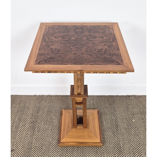 540 - LINLEY OCCASIONAL TABLE, adjustable burr walnut stamped Linley, 55cm x 55cm.