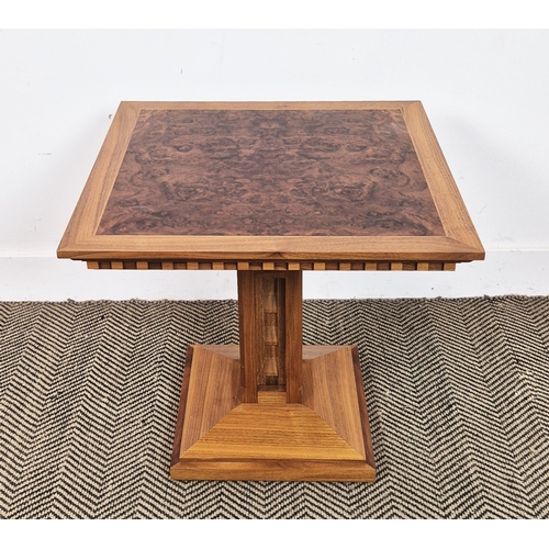 540 - LINLEY OCCASIONAL TABLE, adjustable burr walnut stamped Linley, 55cm x 55cm.