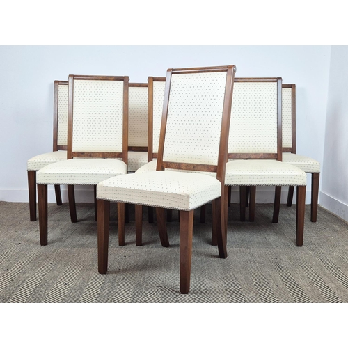 543 - DINING CHAIRS, a set of eight, tall backed with burr walnut top bar and metal roulette detail, by re... 