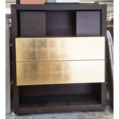 546 - BAR CABINET, dark wood with gilt sliding drawers enclosing fitted interior, 160cm H x 136cm x 58cm.