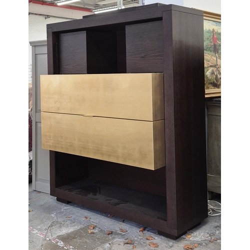 546 - BAR CABINET, dark wood with gilt sliding drawers enclosing fitted interior, 160cm H x 136cm x 58cm.