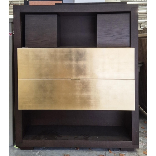 546 - BAR CABINET, dark wood with gilt sliding drawers enclosing fitted interior, 160cm H x 136cm x 58cm.