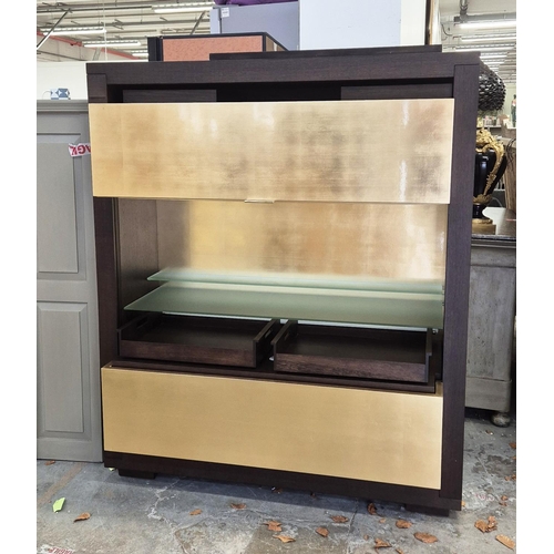 546 - BAR CABINET, dark wood with gilt sliding drawers enclosing fitted interior, 160cm H x 136cm x 58cm.