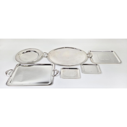 57 - CHRISTOFLE TRAYS, six, a large oval tray and a large boxed rectangular tray and small rectangular bo... 