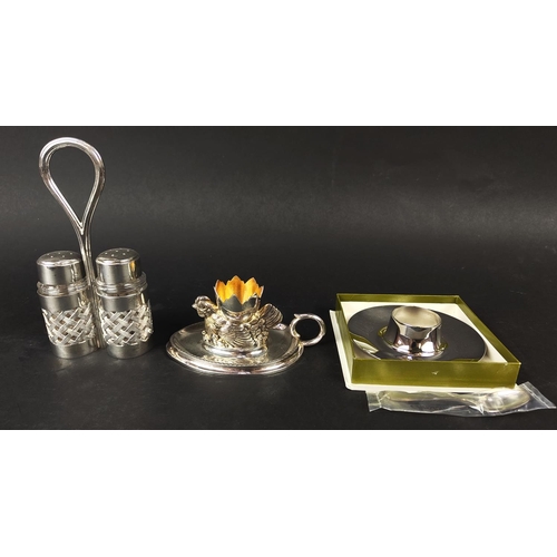 59 - CHRISTOFLE EGG CUP AND SPOON, boxed, a topazio silver-plated egg cup and accompanying topazio salt a... 