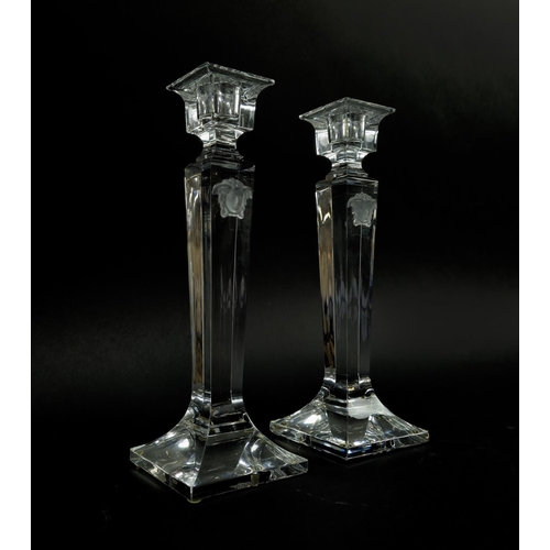 72 - VERSACE ROSENTHAL GLASS CANDLESTICKS, a pair, square form, signed to bases, 25cm H. (2)