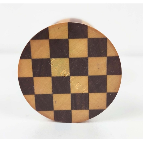 85 - A LINLEY PARQUETRY TURNED EGG CUP, pedestal base, complete with oak egg, 10cm high, stamped to under... 