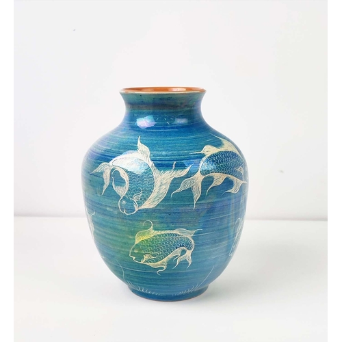 92 - A STUDIO POTTERY VASE, depicting fish on a turquoise ground, hand made and hand painted in North Cyp... 