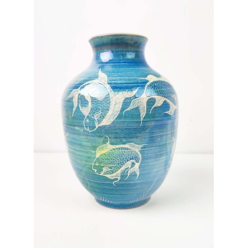 92 - A STUDIO POTTERY VASE, depicting fish on a turquoise ground, hand made and hand painted in North Cyp... 