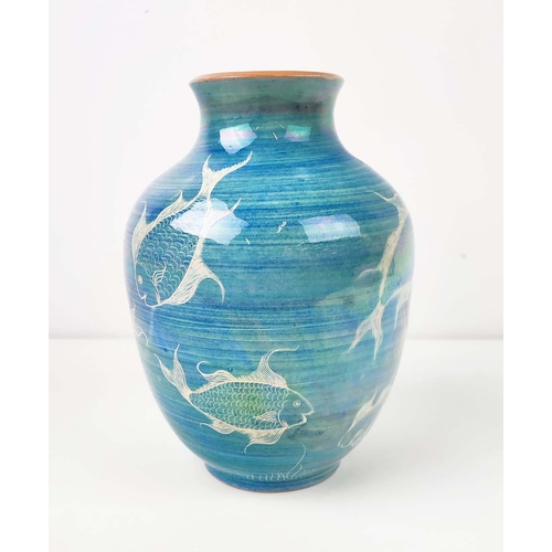 92 - A STUDIO POTTERY VASE, depicting fish on a turquoise ground, hand made and hand painted in North Cyp... 