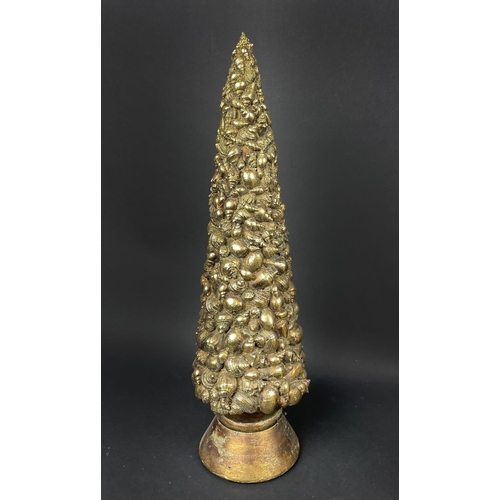 94 - ORNAMENTAL GILT CHRISTMAS DECORATIONS, comprising seven trees, two acorn finials, a lidded dish and ... 