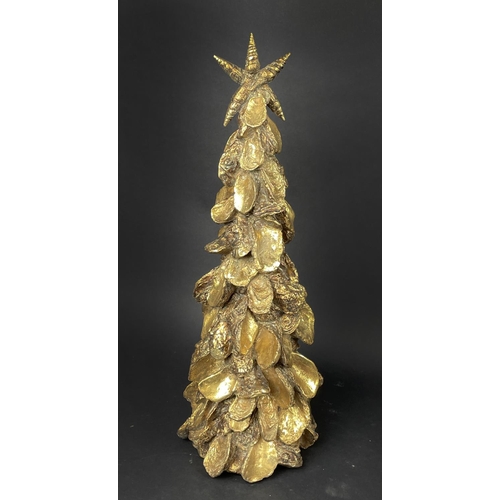 94 - ORNAMENTAL GILT CHRISTMAS DECORATIONS, comprising seven trees, two acorn finials, a lidded dish and ... 