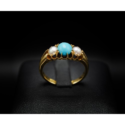 122 - AN EDWARDIAN 18CT YELLOW GOLD TURQUOISE AND SEED PEARL DRESS RING, Birmingham 1901, the central turq... 