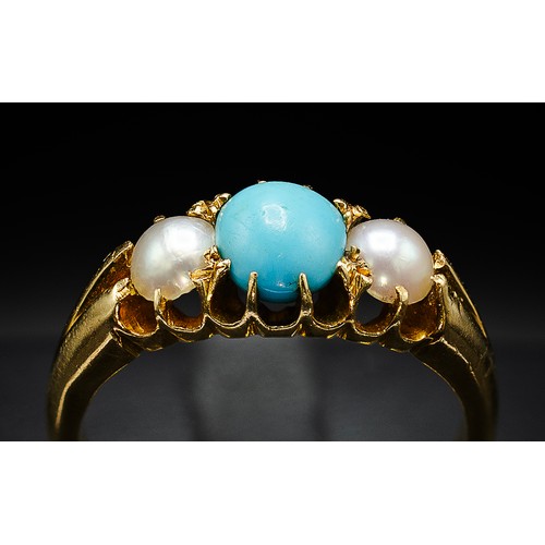 122 - AN EDWARDIAN 18CT YELLOW GOLD TURQUOISE AND SEED PEARL DRESS RING, Birmingham 1901, the central turq... 