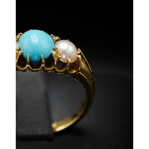 122 - AN EDWARDIAN 18CT YELLOW GOLD TURQUOISE AND SEED PEARL DRESS RING, Birmingham 1901, the central turq... 