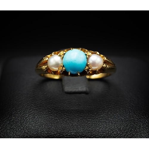 122 - AN EDWARDIAN 18CT YELLOW GOLD TURQUOISE AND SEED PEARL DRESS RING, Birmingham 1901, the central turq... 