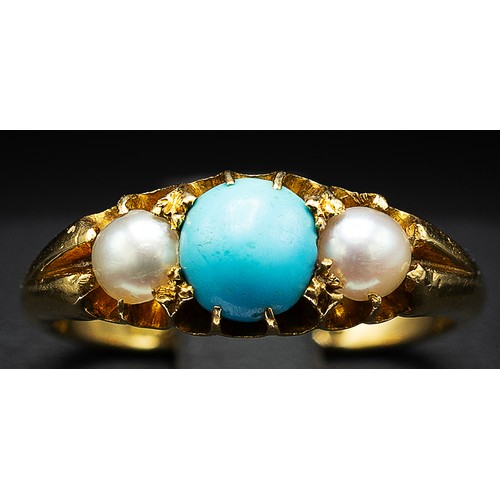 122 - AN EDWARDIAN 18CT YELLOW GOLD TURQUOISE AND SEED PEARL DRESS RING, Birmingham 1901, the central turq... 