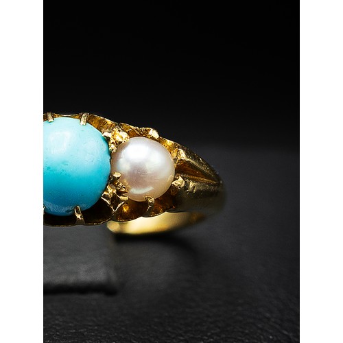 122 - AN EDWARDIAN 18CT YELLOW GOLD TURQUOISE AND SEED PEARL DRESS RING, Birmingham 1901, the central turq... 