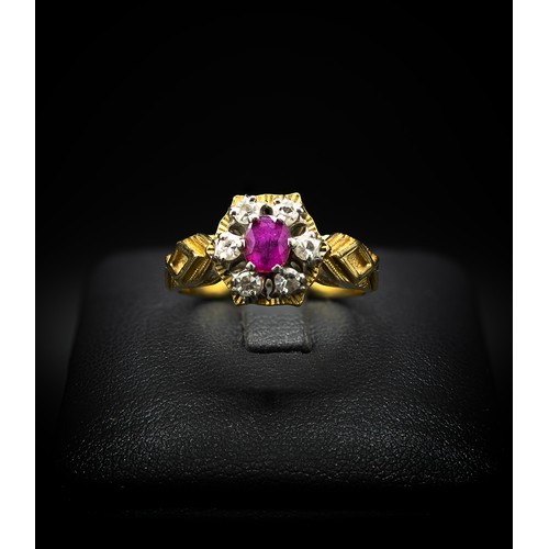 130 - AN 18CT YELLOW GOLD RUBY AND DIAMOND DRESS RING, the oval mixed cut ruby surrounded by six round bri... 