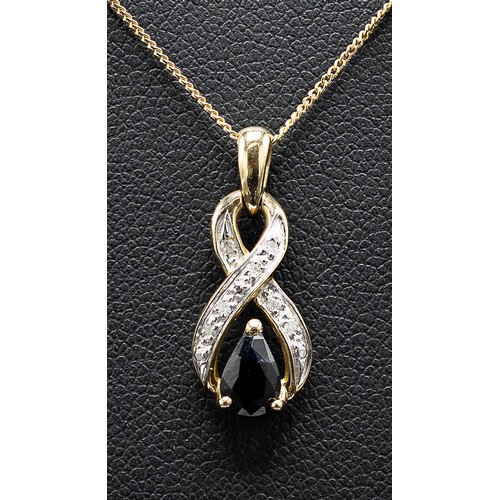 133 - A 9CT YELLOW GOLD SAPPHIRE AND DIAMOND PENDANT NECKLACE AND EARRINGS SET, the infinity pendant and s... 