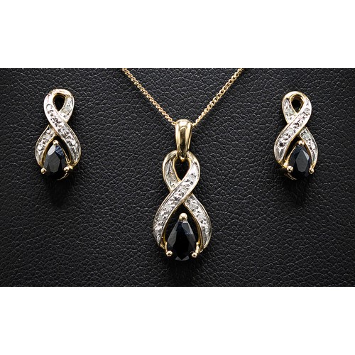 133 - A 9CT YELLOW GOLD SAPPHIRE AND DIAMOND PENDANT NECKLACE AND EARRINGS SET, the infinity pendant and s... 