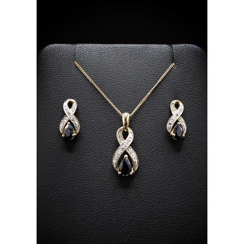 133 - A 9CT YELLOW GOLD SAPPHIRE AND DIAMOND PENDANT NECKLACE AND EARRINGS SET, the infinity pendant and s... 