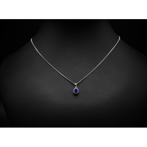 143 - 9CT WHITE GOLD SAPPHIRE AND DIAMOND SET PENDANT NECKLACE, the mixed cut sapphire surrounded by round... 