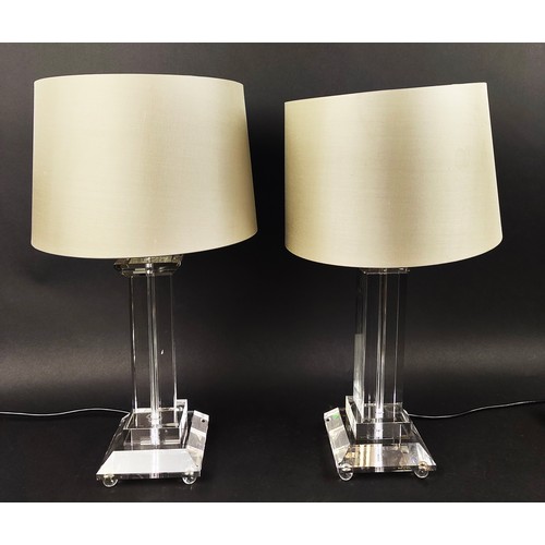 538 - TABLE LAMPS, a pair, square columns each overall 55cm H including shades. (2)