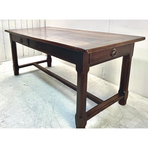 203 - FARMHOUSE TABLE, 19th century French cherrywood and oak with two drawers on a stretchered base, 76cm... 