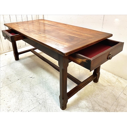 203 - FARMHOUSE TABLE, 19th century French cherrywood and oak with two drawers on a stretchered base, 76cm... 