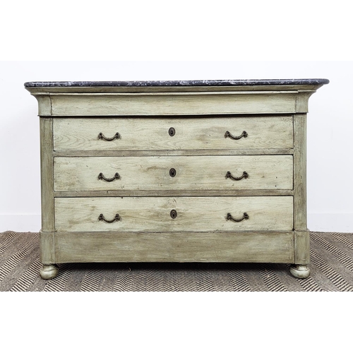 178 - COMMODE, Louis Philippe grey painted with marble top above four drawers, 89cm H x 127cm x 56cm.