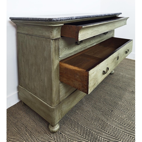 178 - COMMODE, Louis Philippe grey painted with marble top above four drawers, 89cm H x 127cm x 56cm.