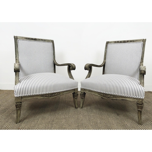 179 - ARMCHAIRS, a pair, Continental painted in Empire manner with new ticking upholstery, 87cm H x 65cm x... 