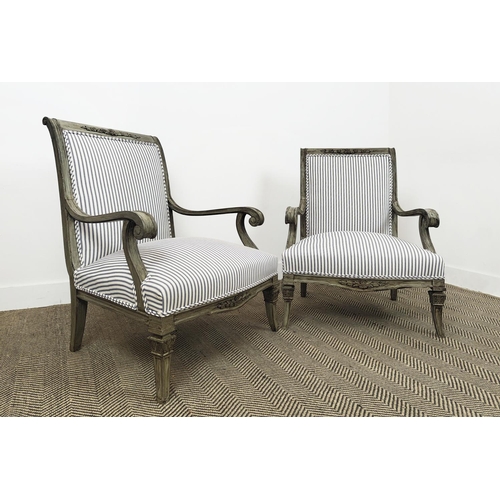 179 - ARMCHAIRS, a pair, Continental painted in Empire manner with new ticking upholstery, 87cm H x 65cm x... 