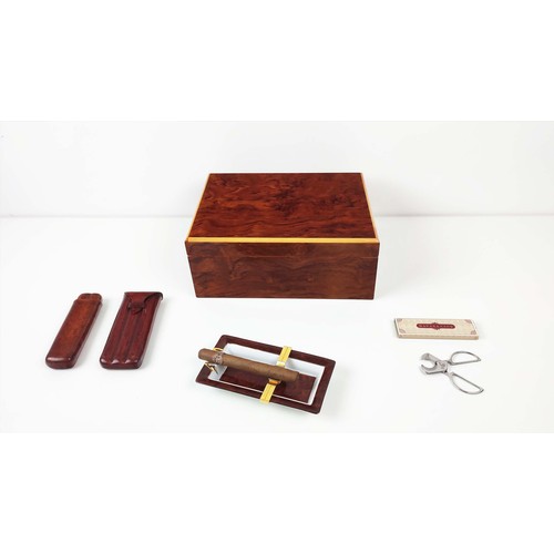 50 - HUMIDOR, burr walnut with St Dupont ashtray and two tanned leather cigar cases.