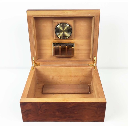 50 - HUMIDOR, burr walnut with St Dupont ashtray and two tanned leather cigar cases.