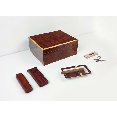 50 - HUMIDOR, burr walnut with St Dupont ashtray and two tanned leather cigar cases.