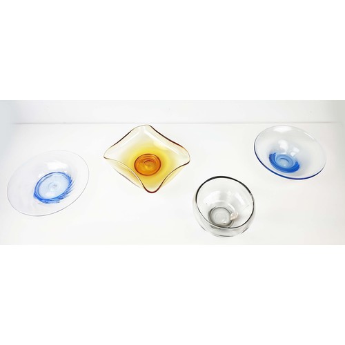 96 - FOUR WHITEFRIARS GLASS BOWLS, in amber, blue and smokey quartz coloured glass, various sizes. (4)