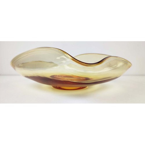 96 - FOUR WHITEFRIARS GLASS BOWLS, in amber, blue and smokey quartz coloured glass, various sizes. (4)