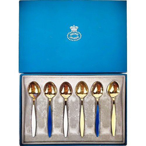 79 - GEORG JENSEN STERLING SILVER GILT SET OF SIX COFFEE SPOONS, enamelled handles in three altering colo... 