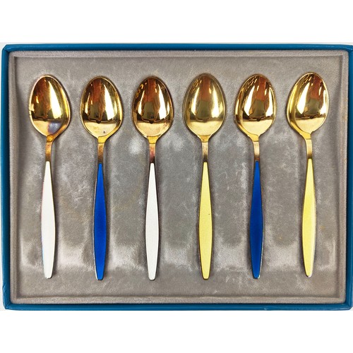 79 - GEORG JENSEN STERLING SILVER GILT SET OF SIX COFFEE SPOONS, enamelled handles in three altering colo... 