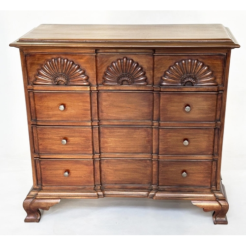 281 - DUTCH COMMODE, antique Dutch walnut with carved frieze drawer above three further long drawers and c... 