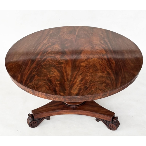 287 - BREAKFAST TABLE, William IV flame mahogany circular with graduated column and triform lappet carved ... 