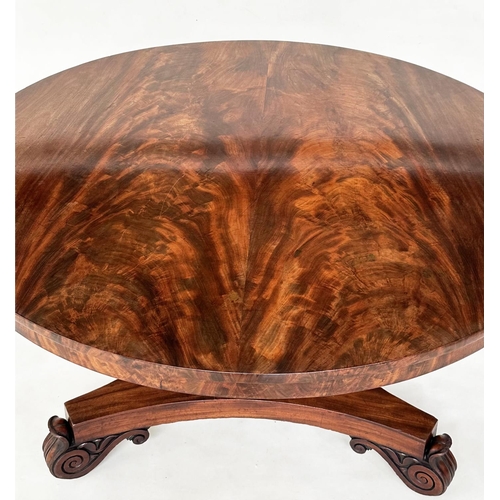 287 - BREAKFAST TABLE, William IV flame mahogany circular with graduated column and triform lappet carved ... 